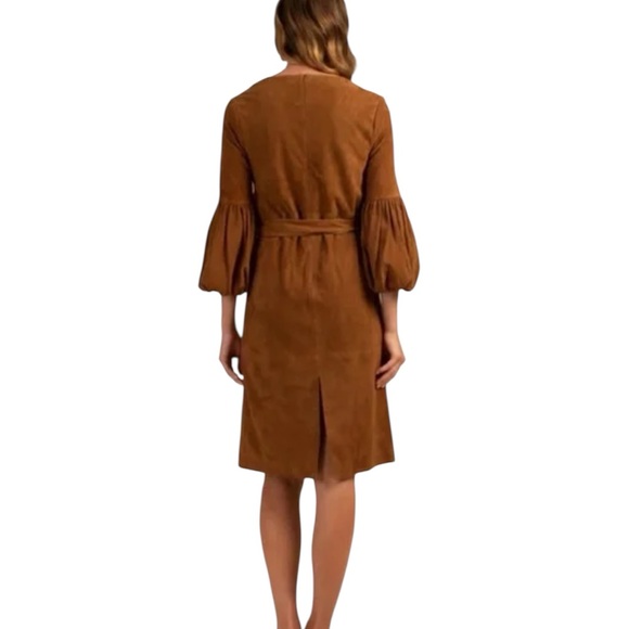 NWT  Trina Turk  the Priya dress in goat leather  cognac   size 8 - Picture 2 of 7
